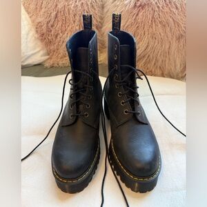 Dr. Martens Black Leather Lace-Up Platform Combat Boots Yellow Stitching